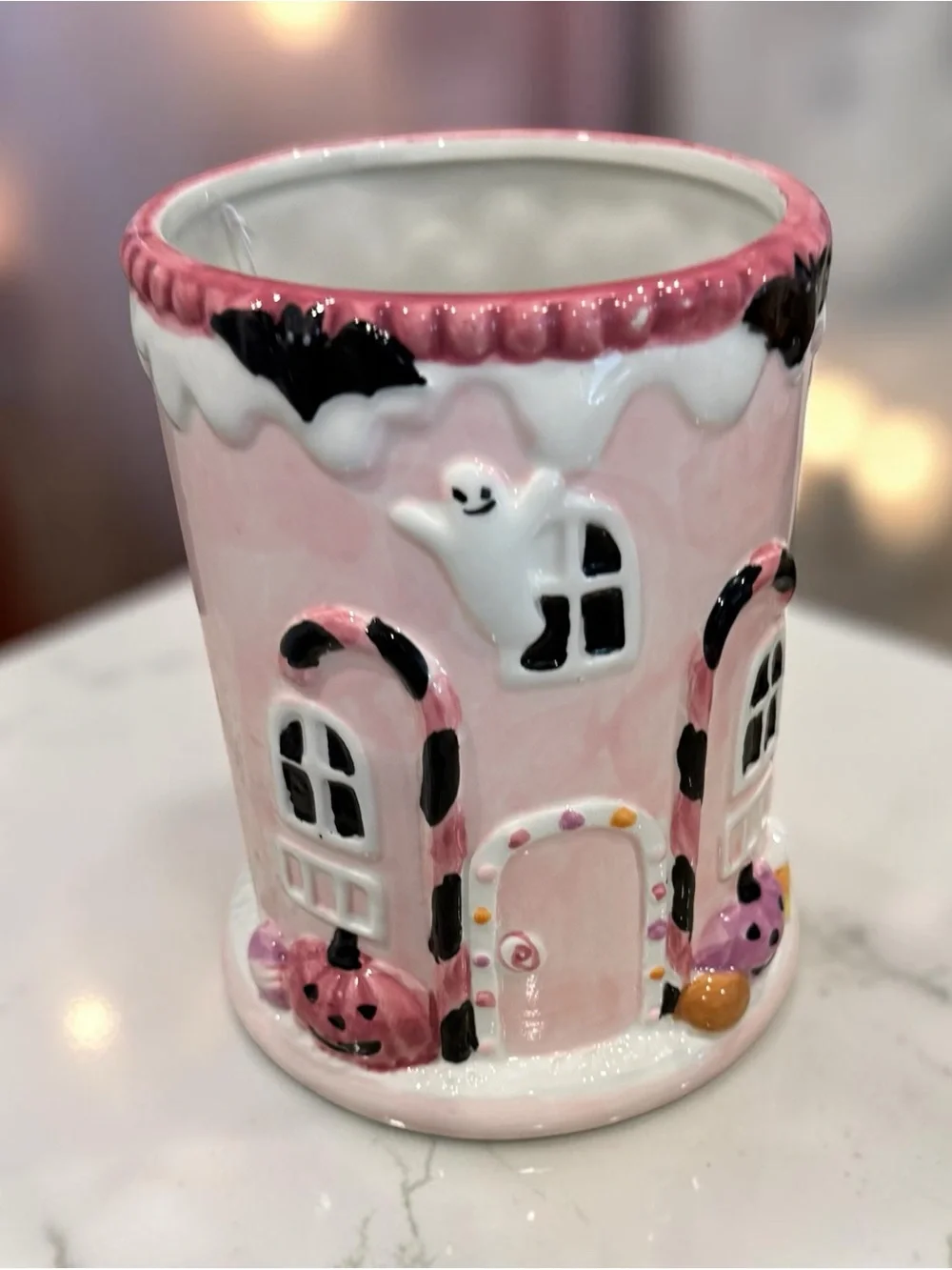 Pink Halloween Ghost House Ceramic utensil holder